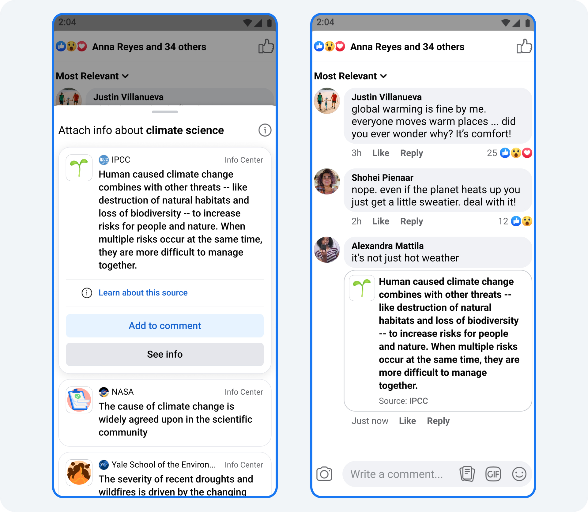 An image showing a Climate InfoFinder result, attaching information to a comment on Facebook.